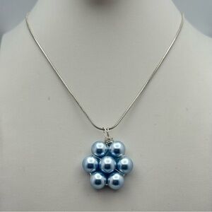 New Blue Swarovski Pearl Sterling Silver Wire Wrapped Cluster Pendant Necklace